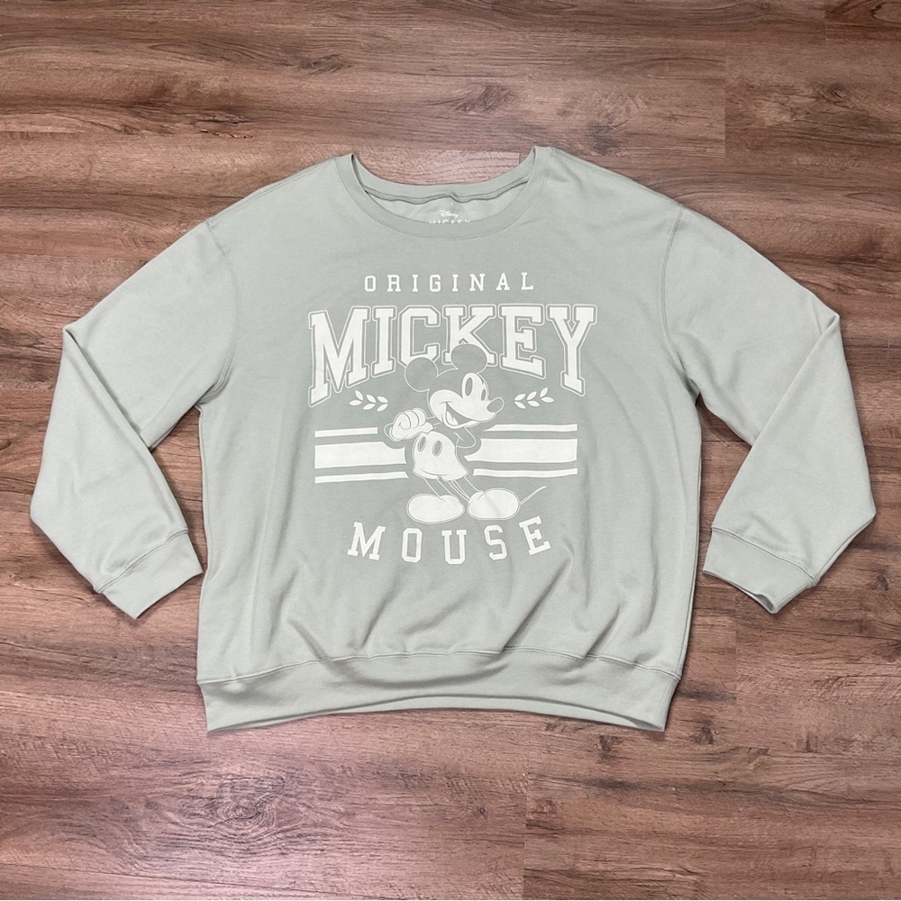 Disney Trendy Plus Size 1X Varsity Mickey Mouse Graphic Sweatshirt Light Green